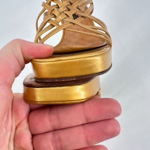 Casadei Womens Leather Peep Toe High Heel Strappy Platform Sandals Gold Size 8.5 - Picture 8 of 11